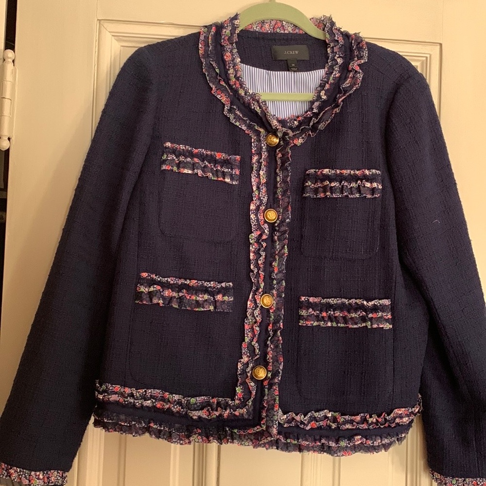 J Crew Size 14 Lady Tweed Jacket with Liberty Floral Trim Blazer 💯 Cotton 490